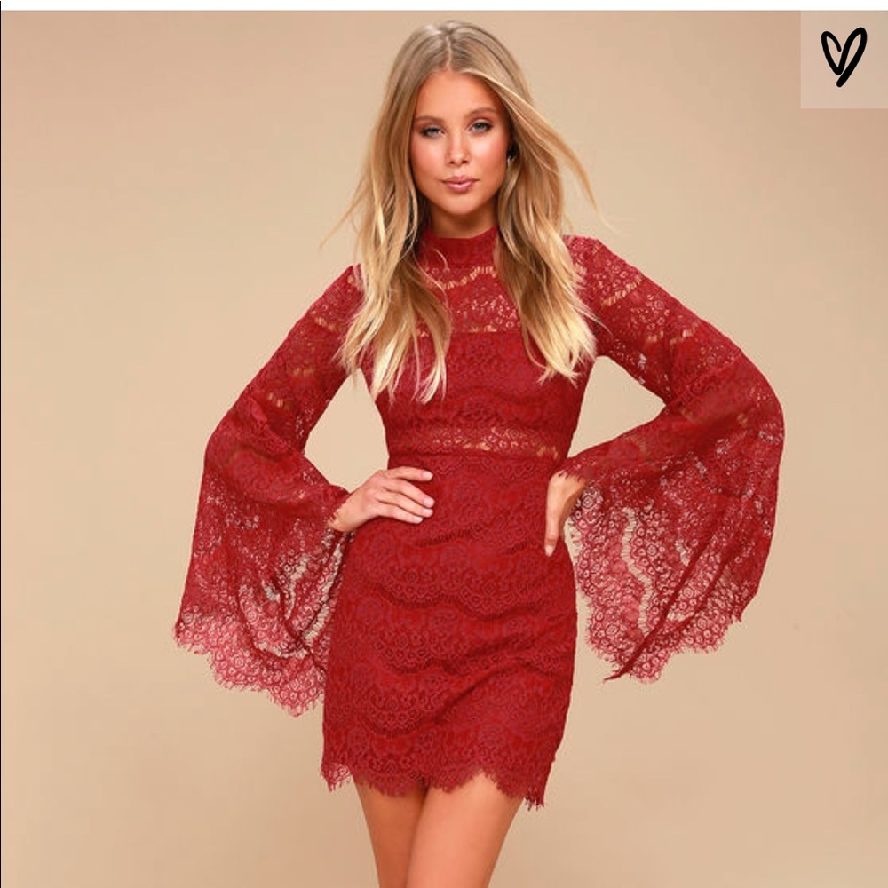 Wine Red Lace Bell Sleeve Dress